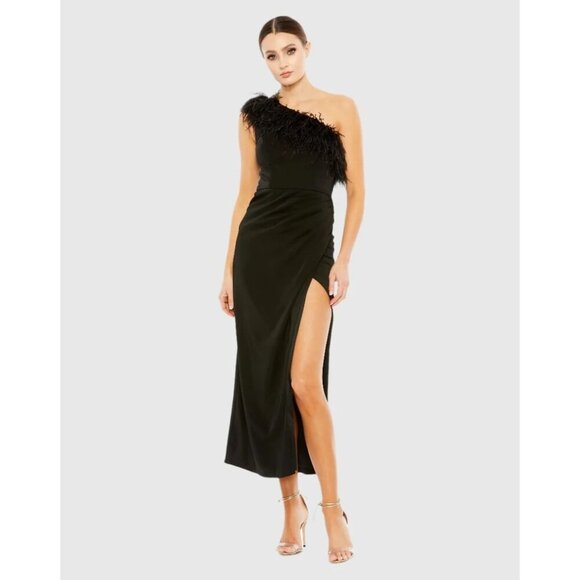 MAC DUGGAL 68147 Black Feather Trim One Shoulder Draped Midi Dress Size 4 NWT